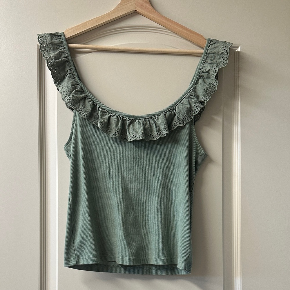 American Eagle Outfitters Sage Green Ruffle - Sccop Neck Tank